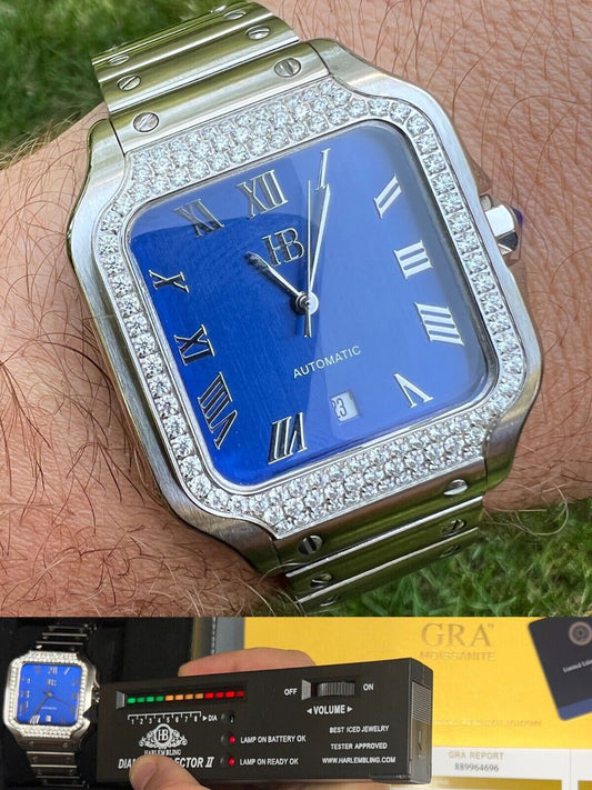 Hip Hop Real Mens 2.5ct MOISSANITE Watch Hip Hop Iced Automatic Movement Blue Face