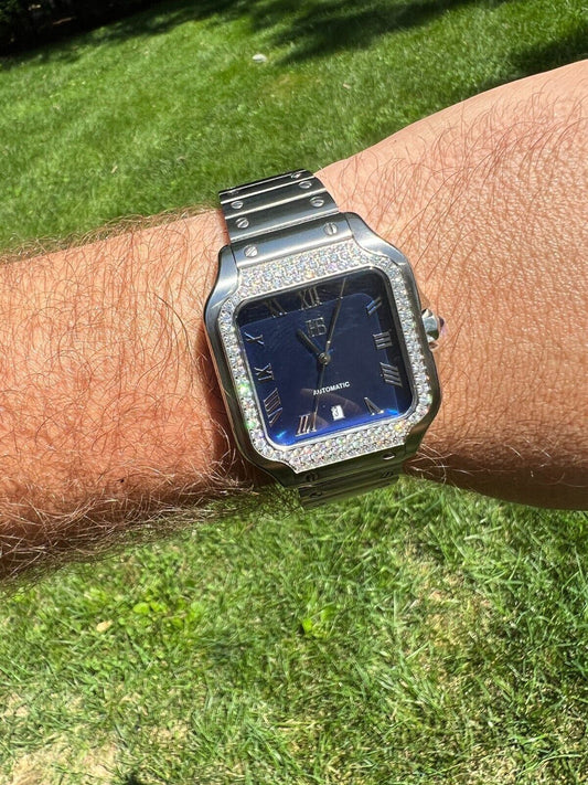 Hip Hop Real Mens 2.5ct MOISSANITE Watch Hip Hop Iced Automatic Movement Blue Face