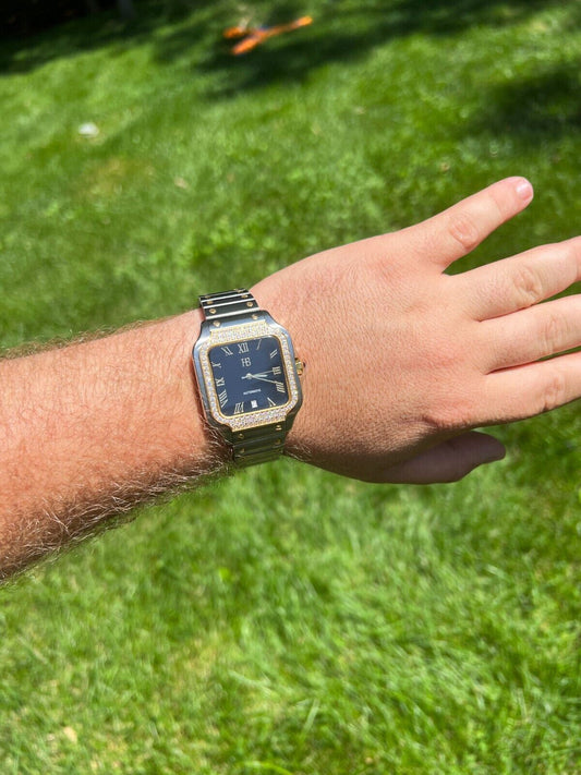 Hip Hop Real Mens 2.5ct MOISSANITE Watch Hip Hop Two Tone Gold Iced Automatic Black Face