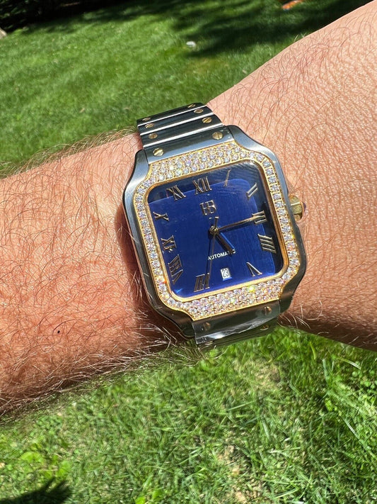 Hip Hop Real Mens 2.5ct MOISSANITE Watch Two Tone Gold Iced Automatic Movement Blue Face