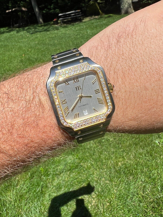 Hip Hop Real Mens 2.5ct MOISSANITE Watch Two Tone Gold Iced Automatic White Pearl Face