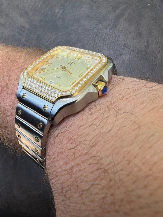 Hip Hop Real Mens 2.5ct MOISSANITE Watch Two Tone Gold Iced Automatic White Pearl Face