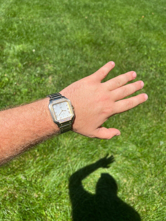 Hip Hop Real Mens 2.5ct MOISSANITE Watch Two Tone Gold Iced Automatic White Pearl Face