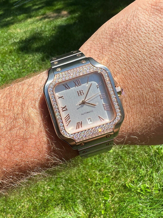 Hip Hop Real Mens 2.5ct MOISSANITE Watch Two Tone Rose Gold Iced Automatic Pearl Face