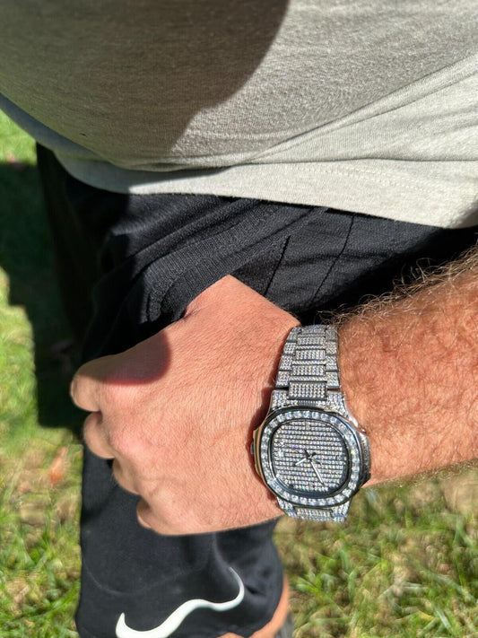 Hip Hop Real Mens Baguette MOISSANITE Watch Iced Automatic Movement Hip Hop Bust Down