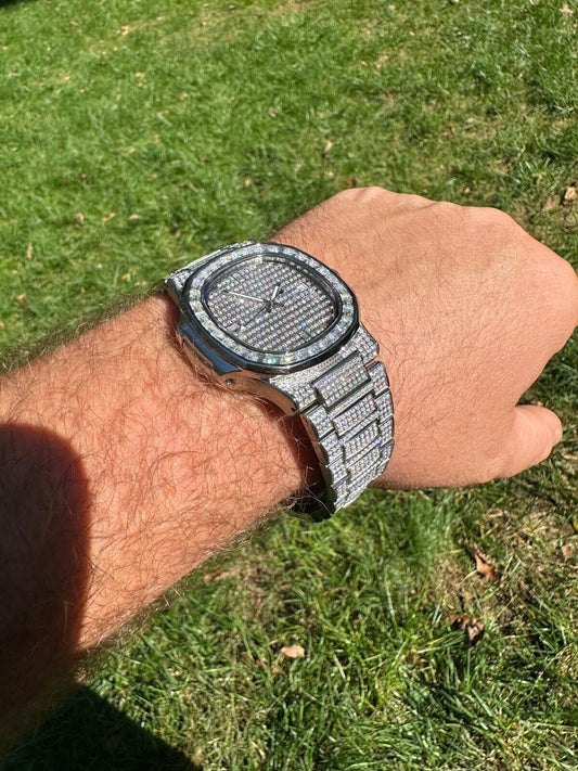 Hip Hop Real Mens Baguette MOISSANITE Watch Iced Automatic Movement Hip Hop Bust Down