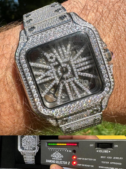 Hip Hop Real Mens MOISSANITE Watch Iced Automatic Movement Hip Hop Bust Down Skeleton