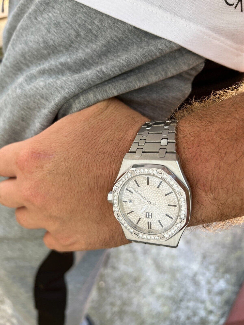 Hip Hop Real Mens Silver Watch Iced Automatic Skeleton Back 44mm Moissanite Hip Hop