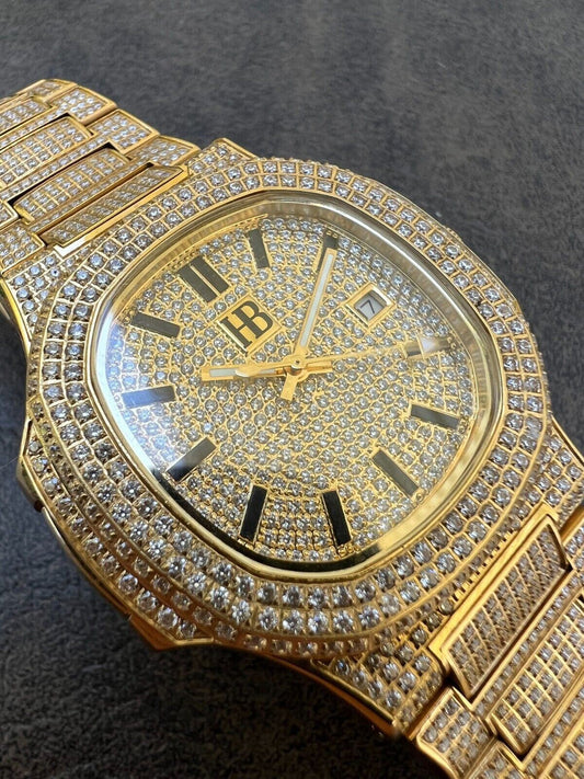 Hip Hop Real Mens Watch Fully Iced Gold Over Stainless Steel Bust Down Out 41mm Hip Hop