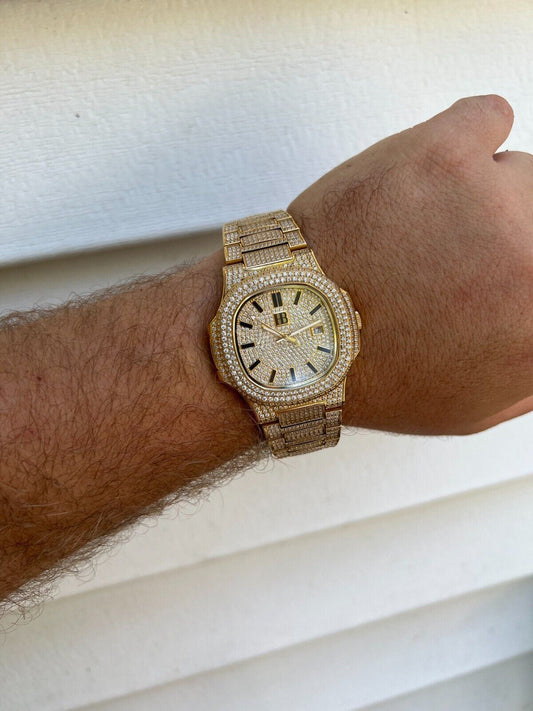 Hip Hop Real Mens Watch Fully Iced Gold Over Stainless Steel Bust Down Out 41mm Hip Hop