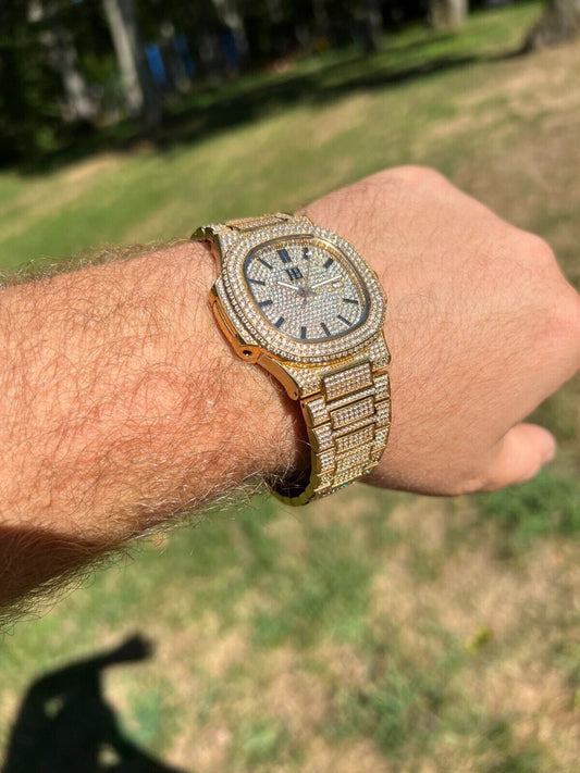 Hip Hop Real Mens Watch Fully Iced Gold Over Stainless Steel Bust Down Out 41mm Hip Hop