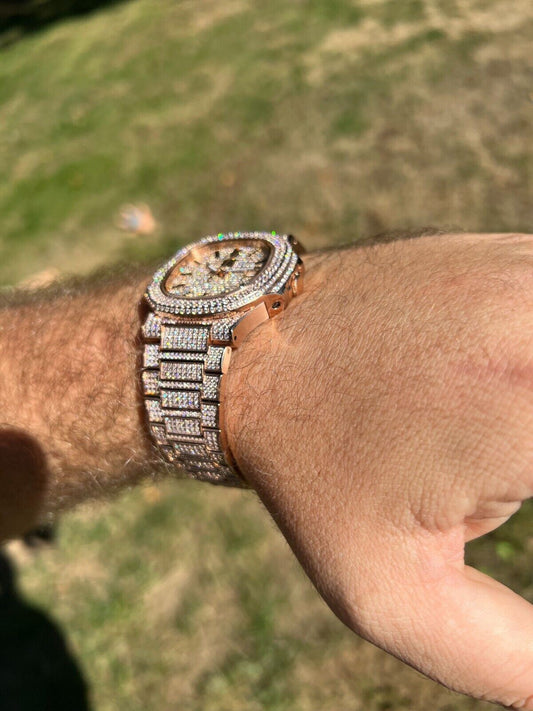 Hip Hop Real Mens Watch Fully Iced Rose Gold Stainless Steel Bust Down Out 41mm Hip Hop