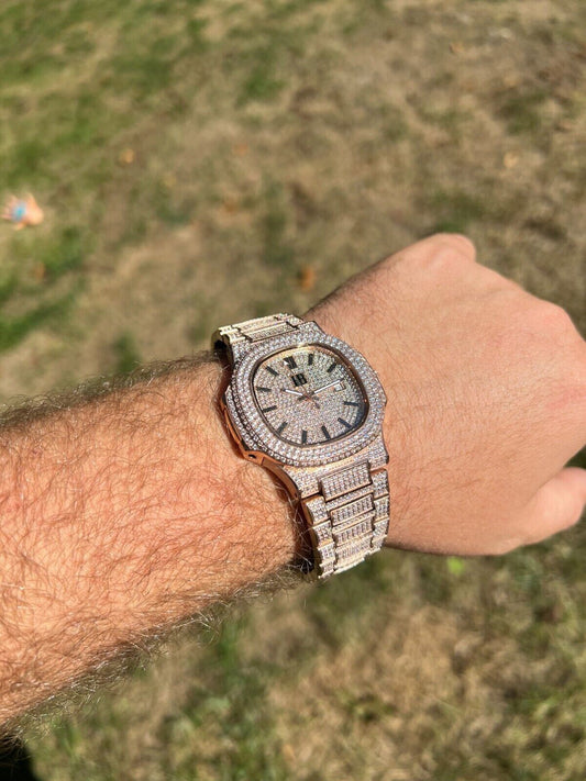 Hip Hop Real Mens Watch Fully Iced Rose Gold Stainless Steel Bust Down Out 41mm Hip Hop