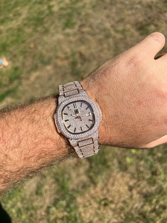 Hip Hop Real Mens Watch Fully Iced Rose Gold Stainless Steel Bust Down Out 41mm Hip Hop