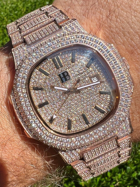 Hip Hop Real Mens Watch Fully Iced Rose Gold Stainless Steel Bust Down Out 41mm Hip Hop