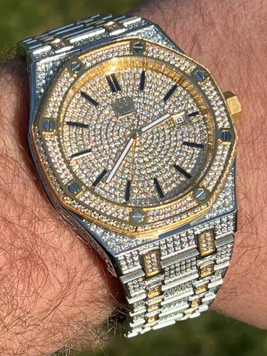 Hip Hop Real Mens Watch Iced Bust Down Skeleton Back Automatic Gold Two Tone 44mm HipHop