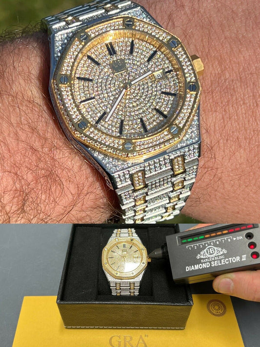 Hip Hop Real MOISSANITE Mens Skeleton Watch Iced Gold and Silver Hip Hop Pass Diamond Test