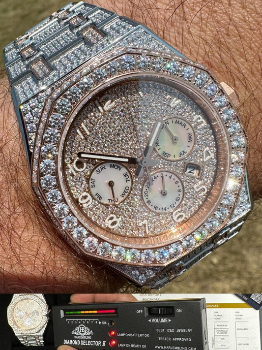 Hip Hop Real MOISSANITE Mens Watch 14k Rose Gold Two Tone Iced Skeleton Back Hip Hop