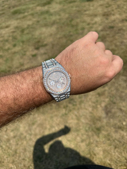 Hip Hop Real MOISSANITE Mens Watch 14k Rose Gold Two Tone Iced Skeleton Back Hip Hop