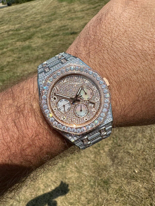 Hip Hop Real MOISSANITE Mens Watch 14k Rose Gold Two Tone Iced Skeleton Back Hip Hop