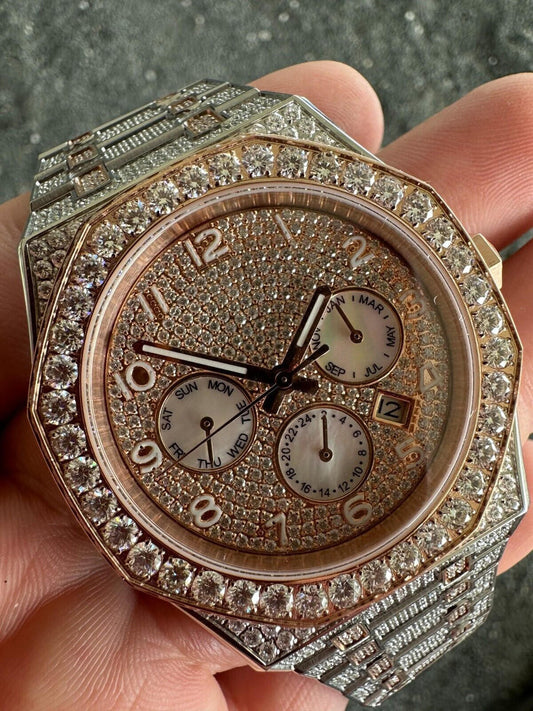 Hip Hop Real MOISSANITE Mens Watch 14k Rose Gold Two Tone Iced Skeleton Back Hip Hop