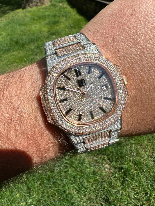 Hip Hop Real MOISSANITE Mens Watch Fully Iced Rose Stainless Hip Hop Passes Diamond Test