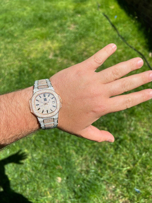 Hip Hop Real MOISSANITE Mens Watch Fully Iced Rose Stainless Hip Hop Passes Diamond Test