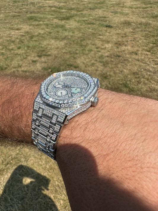 Hip Hop Real MOISSANITE Mens Watch Iced Skeleton Back 44mm Hip Hop Passes Diamond Tester.