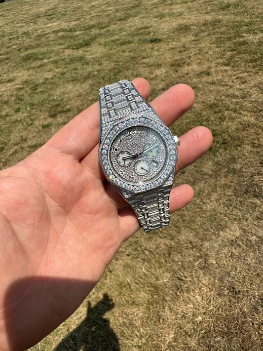 Hip Hop Real MOISSANITE Mens Watch Iced Skeleton Back 44mm Hip Hop Passes Diamond Tester.