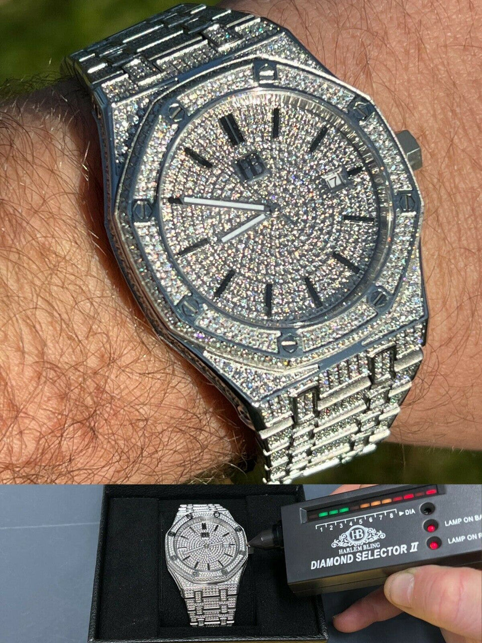 Hip Hop Real MOISSANITE Mens Watch Iced Skeleton Back 44mm Hip Hop Passes Diamond Tester