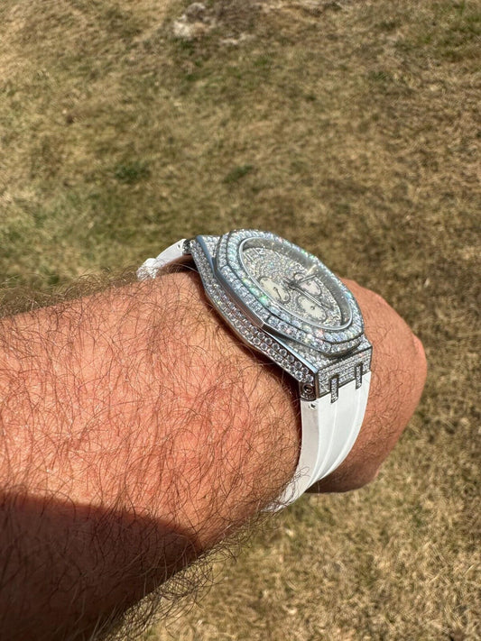 Hip Hop Real MOISSANITE Mens Watch Iced Skeleton Back 44mm Hip Hop - White Silicone Band