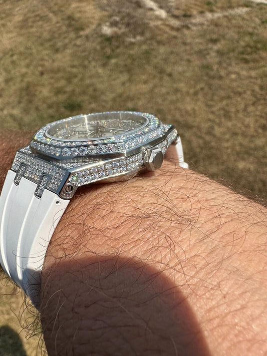 Hip Hop Real MOISSANITE Mens Watch Iced Skeleton Back 44mm Hip Hop - White Silicone Band