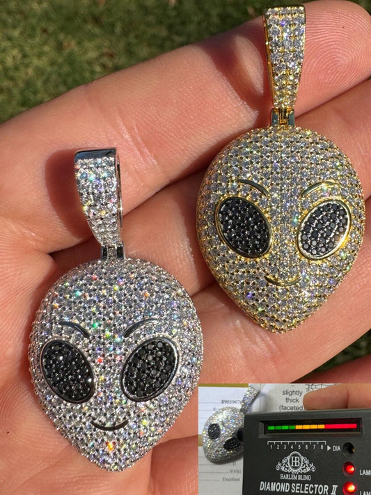 Hip Hop Real Moissanite Pendant Iced Alien Head UFO Emoji Necklace 925 Silver / 14k Gold