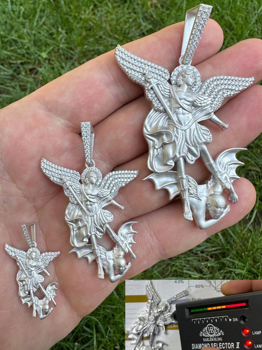 Hip Hop Real MOISSANITE Saint St Michael Slaying Dragon Pendant 925 Silver Necklace Iced