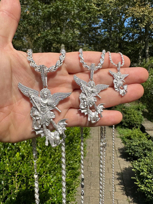 Hip Hop Real MOISSANITE Saint St Michael Slaying Dragon Pendant 925 Silver Necklace Iced