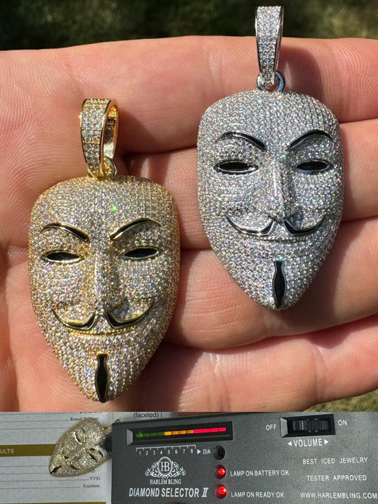 Hip Hop Real Moissanite V For Vendetta Mask Iced Anonymous Pendant Necklace 925 Silver