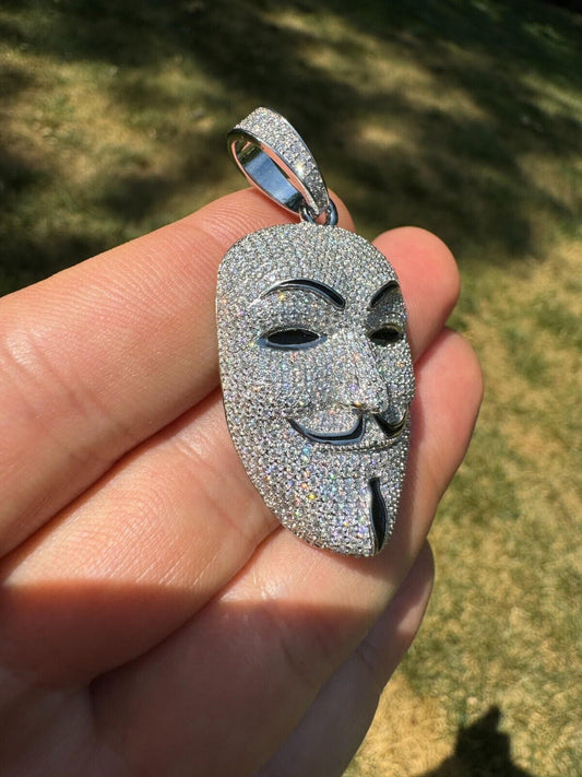 Hip Hop Real Moissanite V For Vendetta Mask Iced Anonymous Pendant Necklace 925 Silver