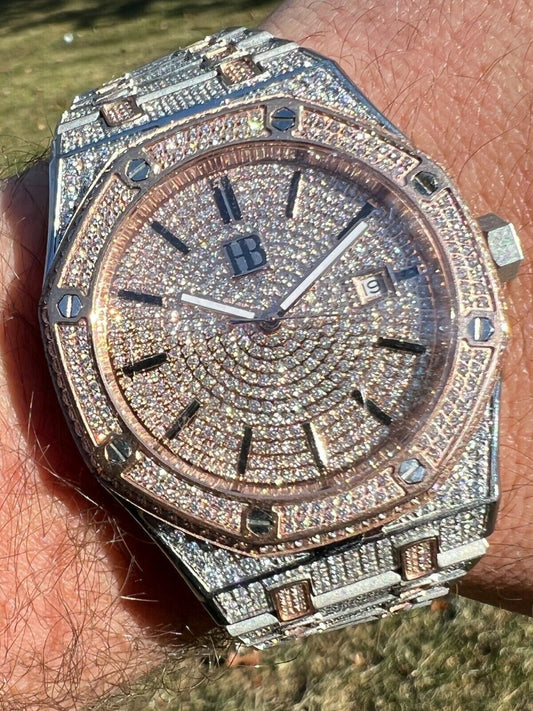 Hip Hop Real Rose Gold Mens Watch Iced Bust Down Skeleton Back Automatic 44mm Hip Hop