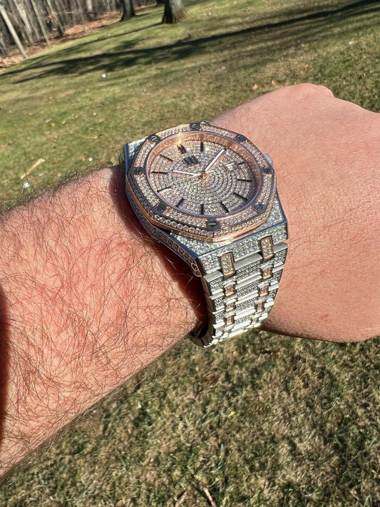 Hip Hop Real Rose Gold Mens Watch Iced Bust Down Skeleton Back Automatic 44mm Hip Hop