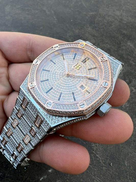 Hip Hop Real Rose Gold Mens Watch Iced Bust Down Skeleton Back Automatic 44mm Hip Hop