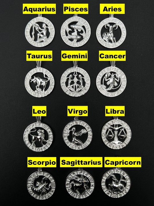Hip Hop Real Solid 925 Silver Zodiac Astrology Sign Pendant Necklace Plain Medallion 1