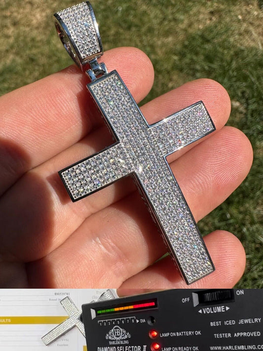 Hip Hop Solid 10k White Gold 3ct VVS Moissanite Cross Pendant Necklace 19g Mens Large 2"