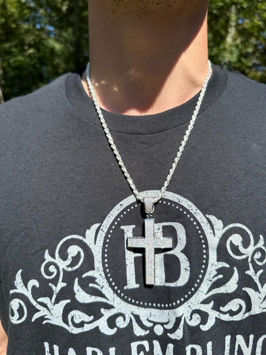 Hip Hop Solid 10k White Gold 3ct VVS Moissanite Cross Pendant Necklace 19g Mens Large 2"