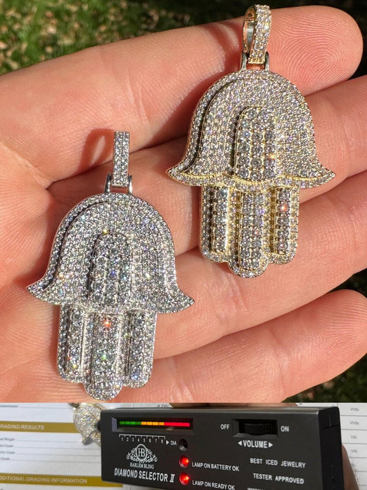 Hip Hop Solid 10k Yellow Or White Gold Hamsa Hand Iced 3ct Moissanite Pendant Necklace