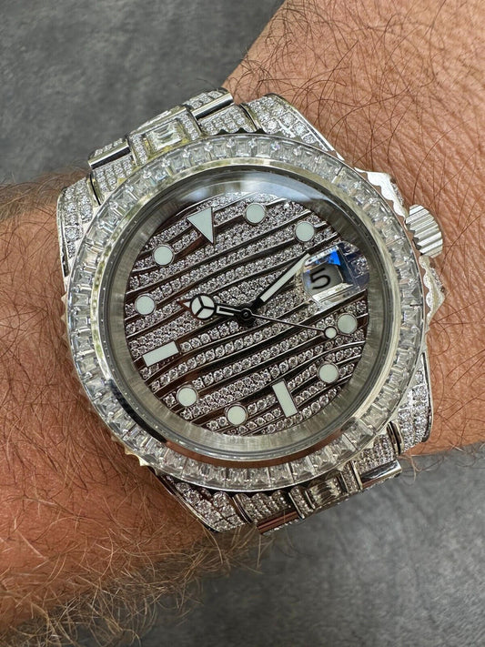 Hip Hop SUMMER 2023 WAVE EDITION Real Baguette MOISSANITE Mens NO ID Presidential Watch Iced 44mm Hip Hop