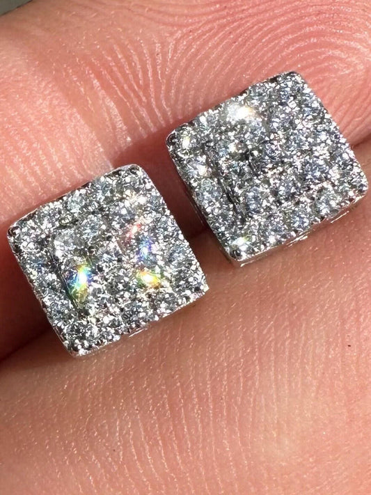Italiano Silver, Inc. 0.62ct VVS Real Diamond Men's Solid 925 Silver Iced Hip Hop Square Earrings 8mm
