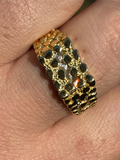 Italiano Silver, Inc 14k Gold Over REAL Solid 925 Sterling Silver Nugget Ring Iced Baguette Diamonds