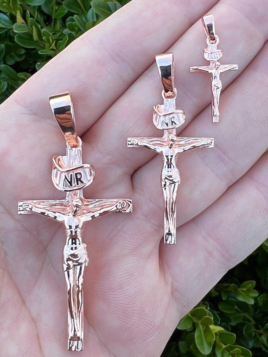 Italiano Silver, Inc. 14k Rose Gold Plate Solid 925 Silver Cross Jesus Piece Crucifix Pendant Necklace