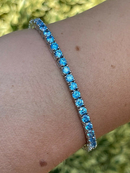 Italiano Silver, Inc 3mm Tennis Bracelet Real 925 Sterling Silver Aquamarine Blue Sapphire Diamond