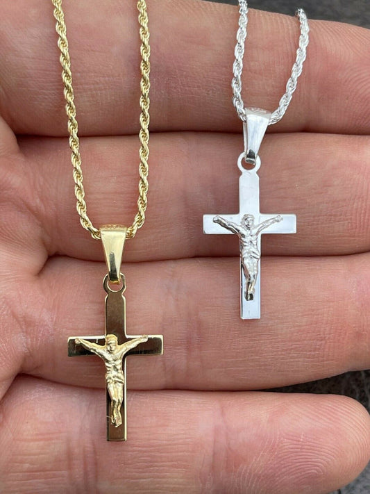 Italiano Silver, Inc 925 Sterling Silver Plain Gold Cross Jesus Crucifix Pendant Necklace Small 1